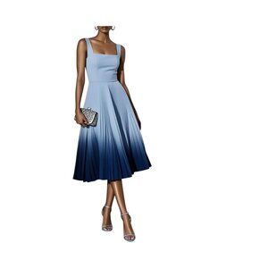 FEHAUT Ombre Pleated  Square Neck Sleeveless A-Line Midi Dres Size 4 Blue